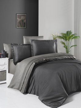 Євро комплект постільної білизни First Choice сатин de luxe двокольоровий Anthracite/smoke 200x220 m017881 фото