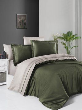 Євро комплект постільної білизни First Choice сатин de luxe двокольоровий Dark green/sand 200x220 m017876 фото