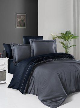 Євро комплект постільної білизни First Choice сатин de luxe двокольоровий Dark grey/navy blue 200x220 m017870 фото