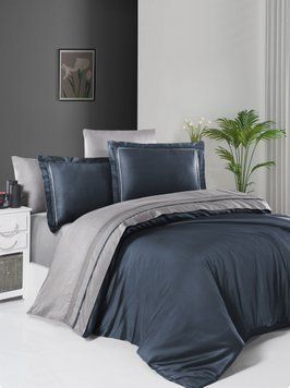 Євро комплект постільної білизни First Choice сатин de luxe двокольоровий Denim/grey 200x220 m017877 фото
