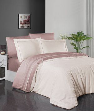 Євро комплект постільної білизни First Choice сатин de luxe двокольоровий Vory/powder 200x220 m017879 фото